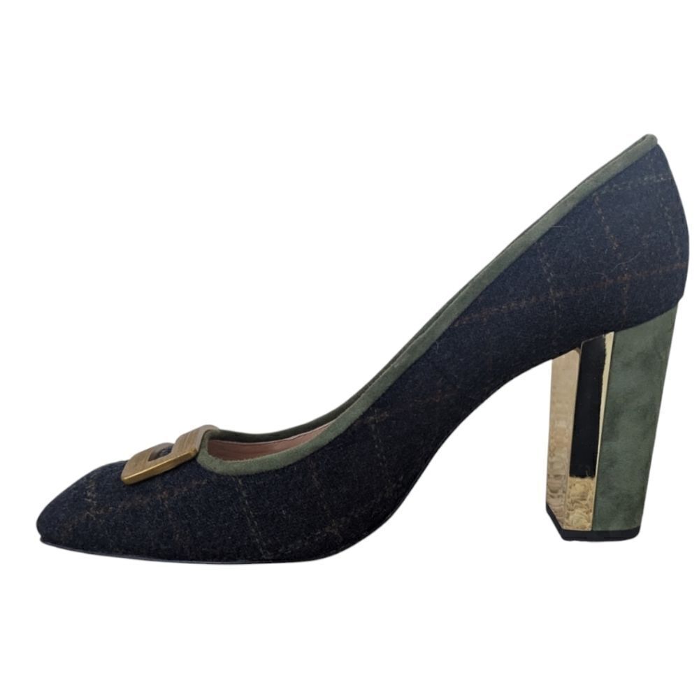 Hannibal Laguna Women's EU 40 Navy Wool Tartan Plaid Suede Pumps Square Toe - Picture 4 of 11